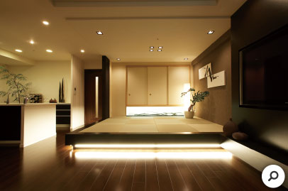 畳スペースを広げるとともに段差を設け、小上がり和室に。印象的な間接照明も。
