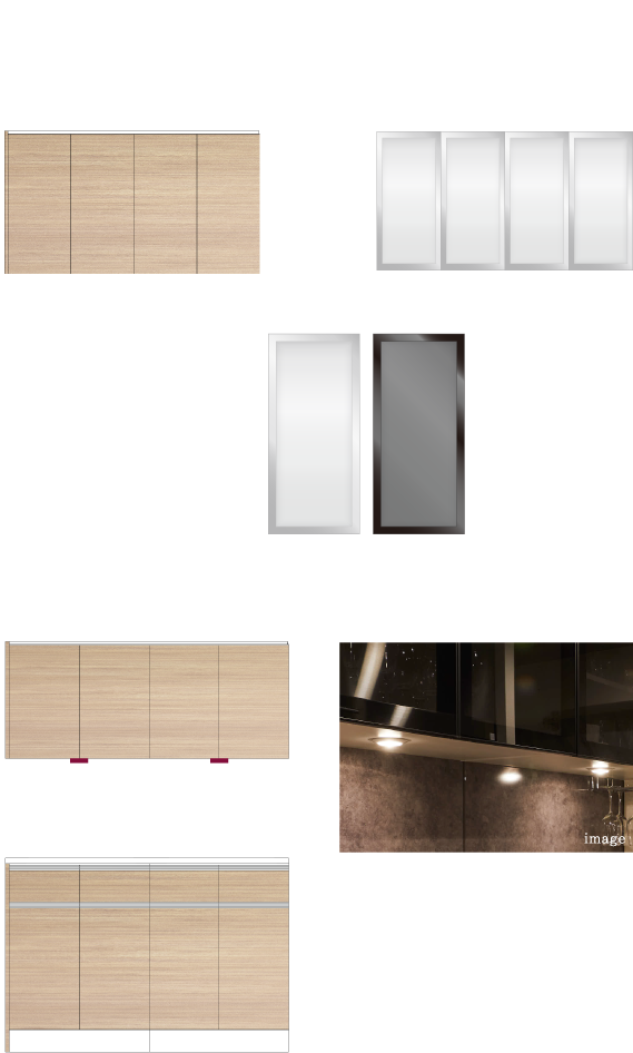 ［吊戸棚］メラミン扉を「ガラス扉」に変更、吊戸棚下部に「LED照明」を設置